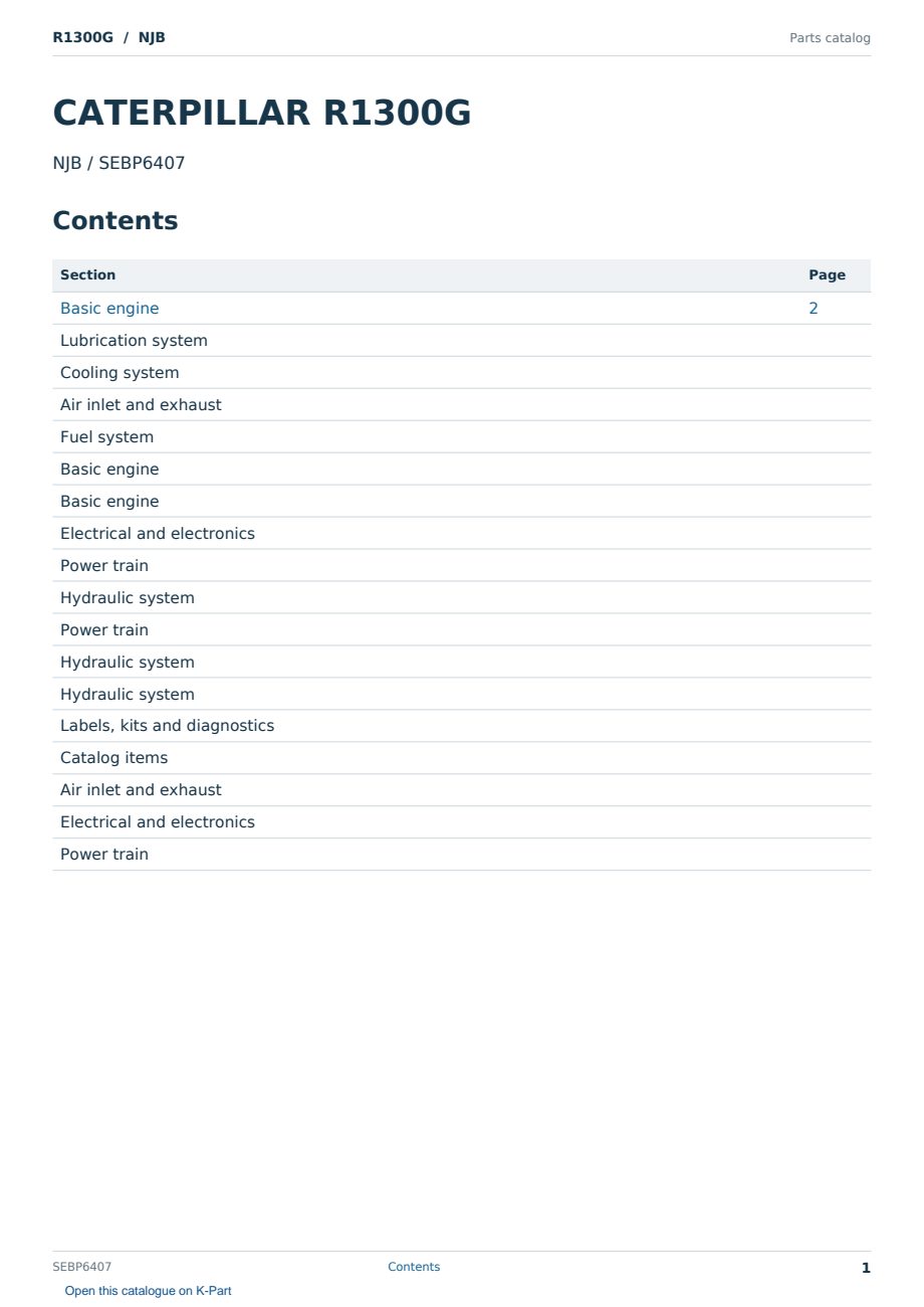 Caterpillar R1300G S/N NJB Partsbook SEBP6407 (English) - sample page 1 of 10 Caterpillar R1300G S/N NJB Partsbook SEBP6407 (English) - sample page 1 of 10