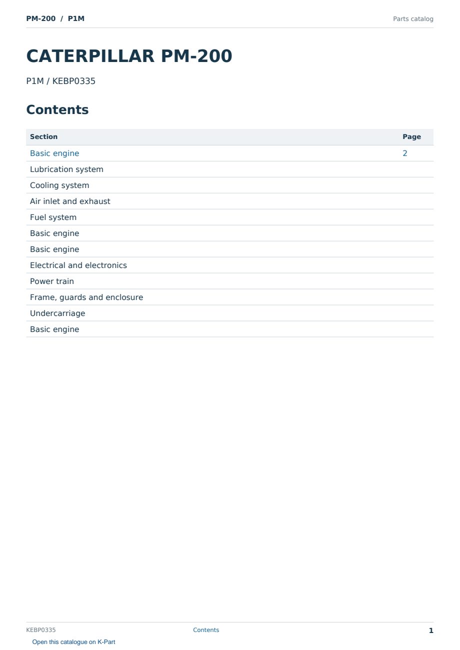 Caterpillar PM-200 S/N P1M Partsbook KEBP0335 (English) - sample page 1 of 10 Caterpillar PM-200 S/N P1M Partsbook KEBP0335 (English) - sample page 1 of 10
