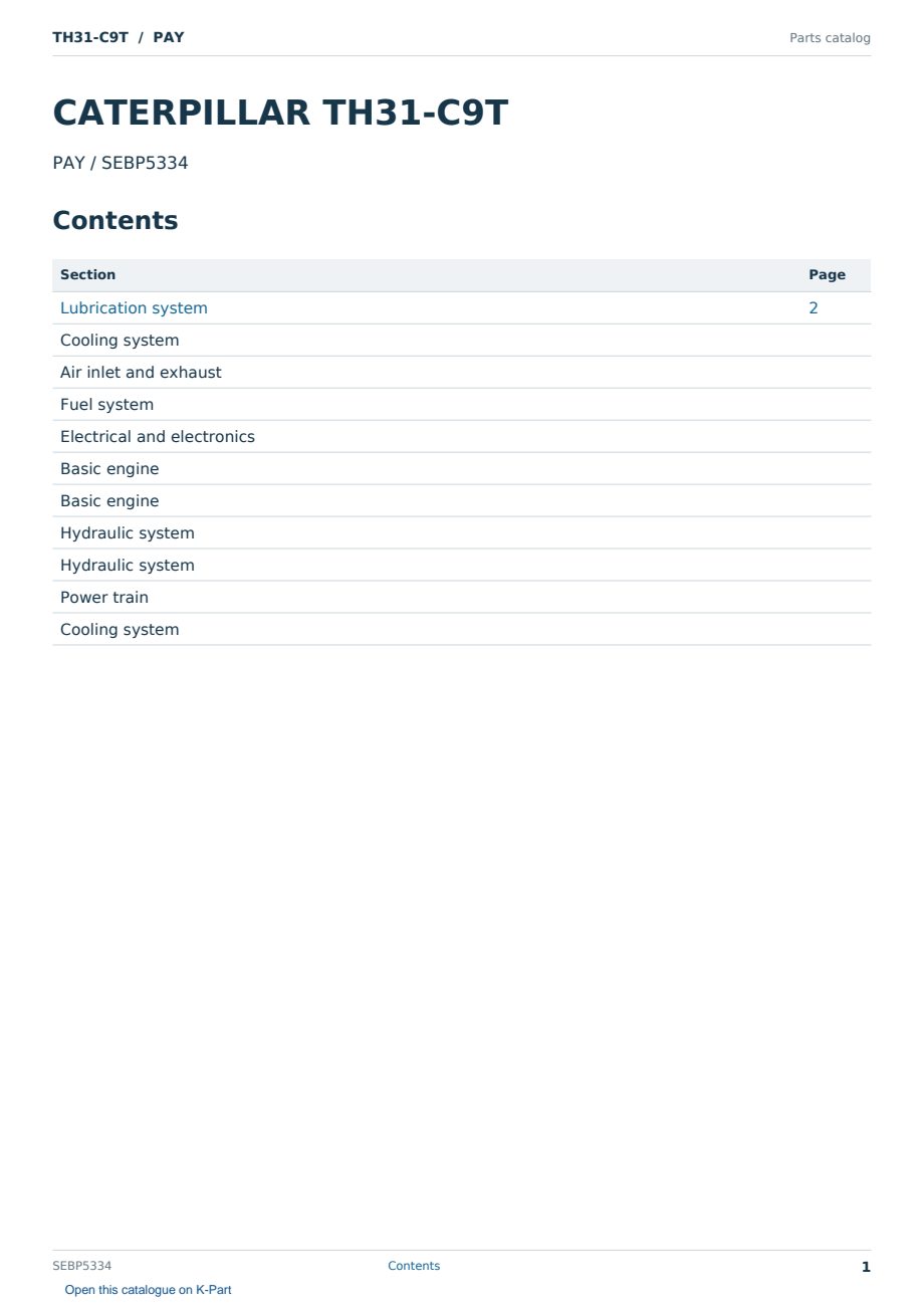 Caterpillar TH31-C9T S/N PAY Partsbook SEBP5334 (English) - sample page 1 of 10 Caterpillar TH31-C9T S/N PAY Partsbook SEBP5334 (English) - sample page 1 of 10
