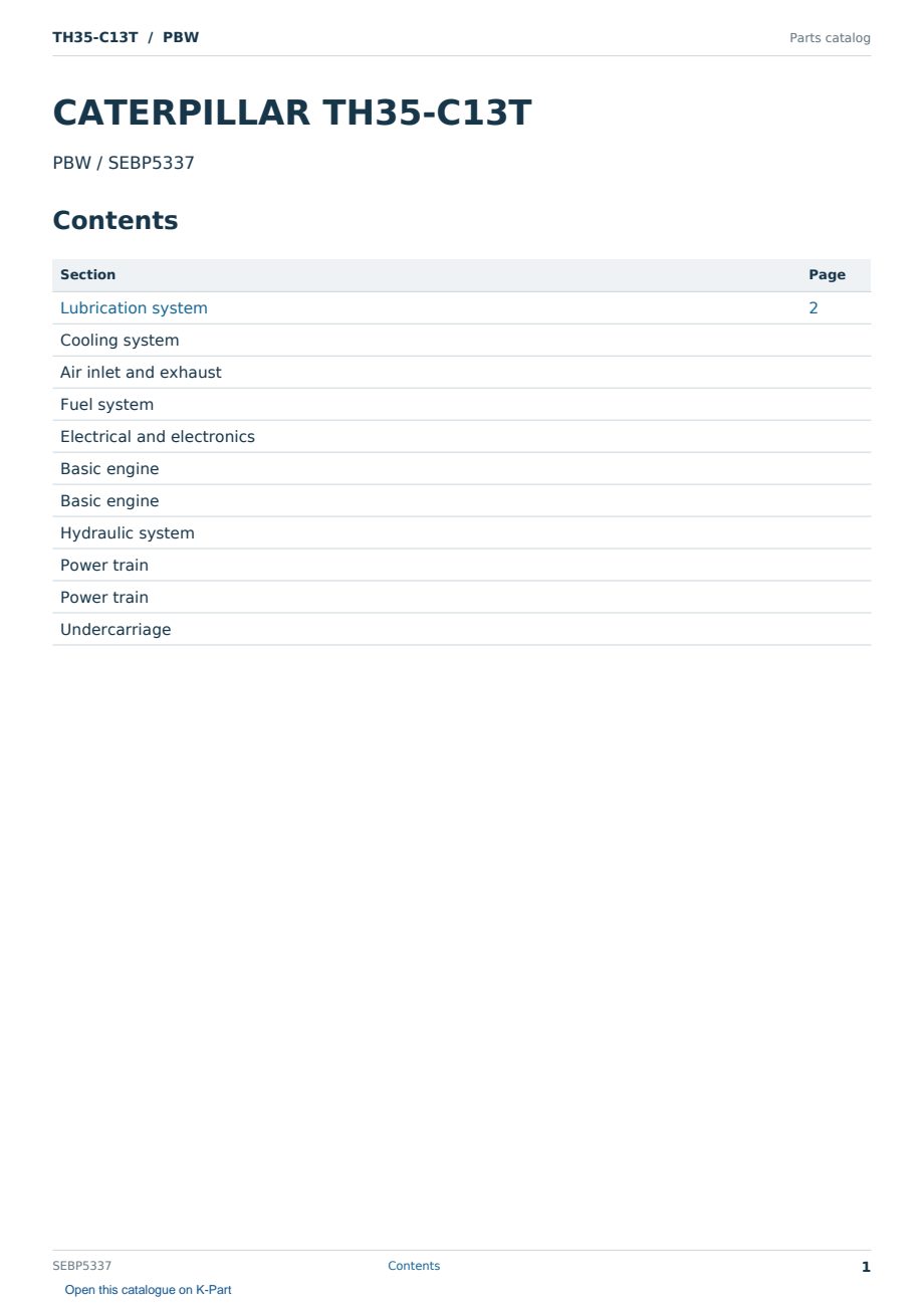 Caterpillar TH35-C13T S/N PBW Partsbook SEBP5337 (English) - sample page 1 of 10 Caterpillar TH35-C13T S/N PBW Partsbook SEBP5337 (English) - sample page 1 of 10