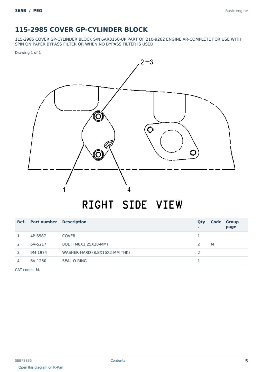 Caterpillar 365B S/N PEG Partsbook SEBP3835 (English) - sample page 5 of 10 Caterpillar 365B S/N PEG Partsbook SEBP3835 (English) - sample page 5 of 10
