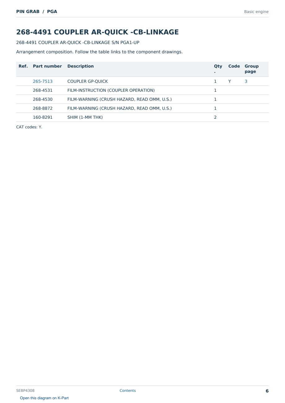 Caterpillar PIN GRAB S/N PGA Partsbook SEBP4308 (English) - sample page 6 of 6 Caterpillar PIN GRAB S/N PGA Partsbook SEBP4308 (English) - sample page 6 of 6
