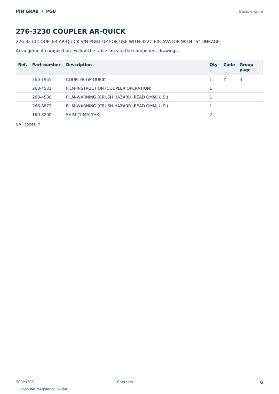 Caterpillar PIN GRAB S/N PGB Partsbook SEBP4308 (English) - sample page 6 of 6 Caterpillar PIN GRAB S/N PGB Partsbook SEBP4308 (English) - sample page 6 of 6