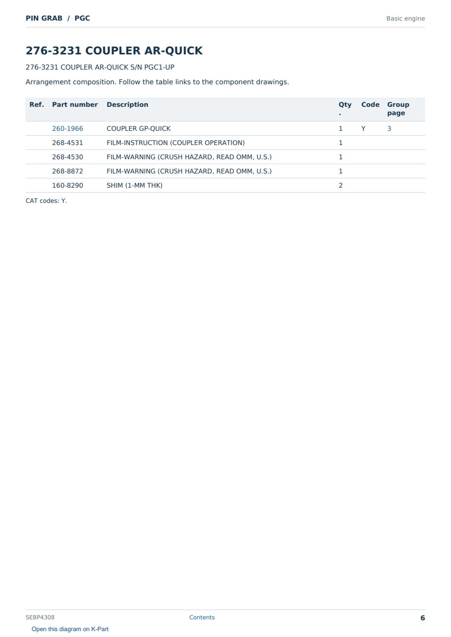 Caterpillar PIN GRAB S/N PGC Partsbook SEBP4308 (English) - sample page 6 of 6 Caterpillar PIN GRAB S/N PGC Partsbook SEBP4308 (English) - sample page 6 of 6