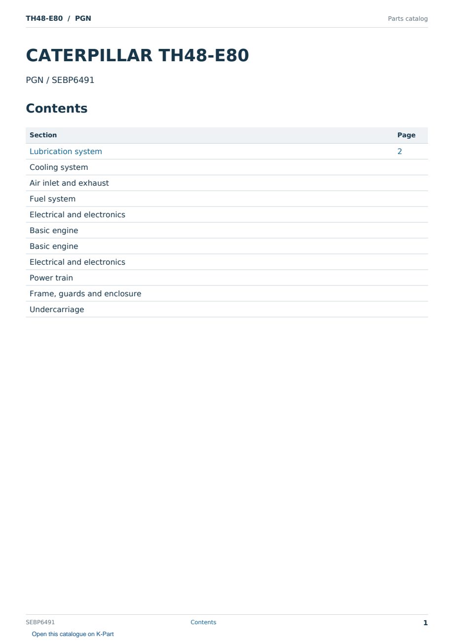Caterpillar TH48-E80 S/N PGN Partsbook SEBP6491 (English) - sample page 1 of 10 Caterpillar TH48-E80 S/N PGN Partsbook SEBP6491 (English) - sample page 1 of 10