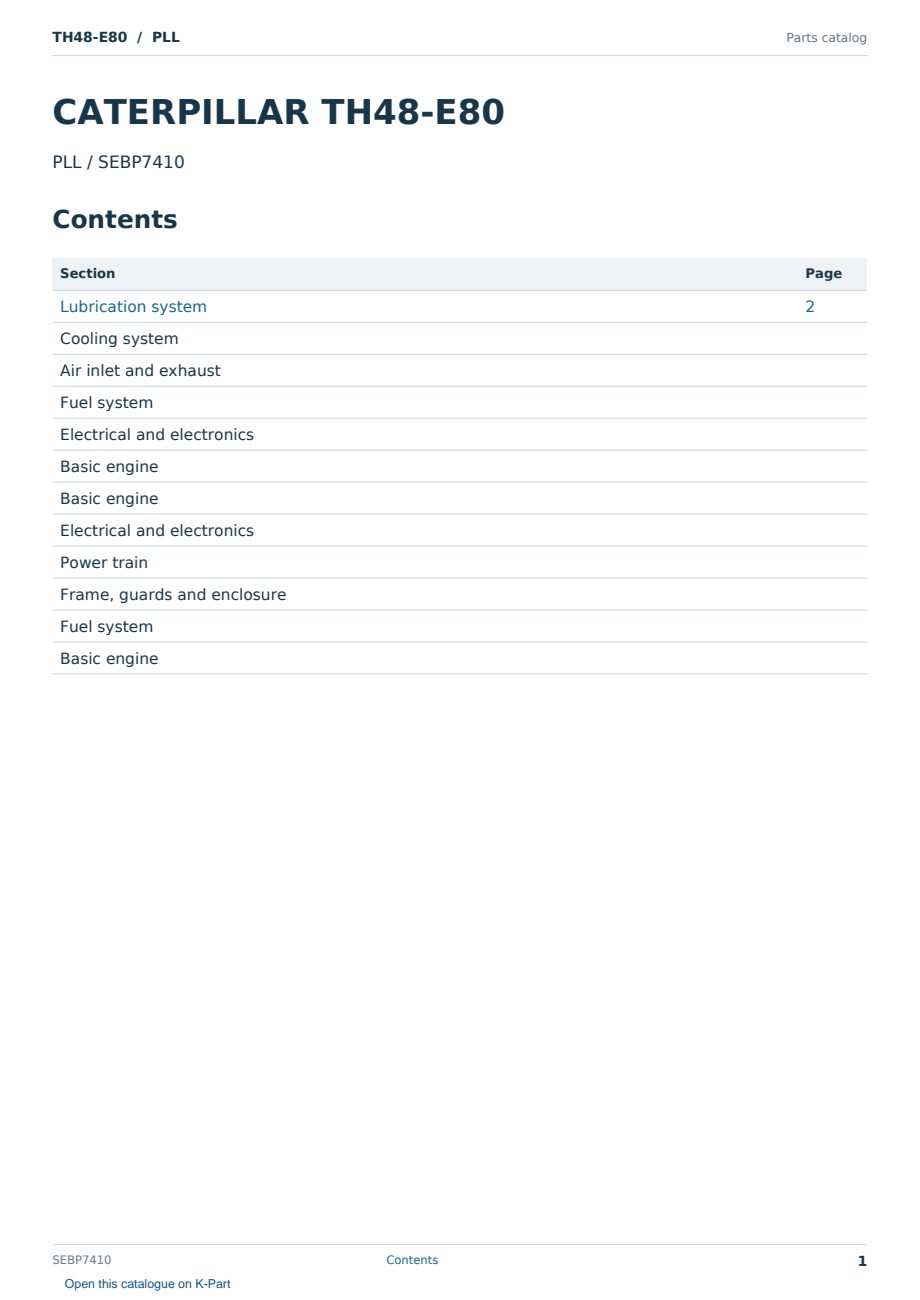 Caterpillar TH48-E80 S/N PLL Partsbook SEBP7410 (English) - sample page 1 of 10 Caterpillar TH48-E80 S/N PLL Partsbook SEBP7410 (English) - sample page 1 of 10