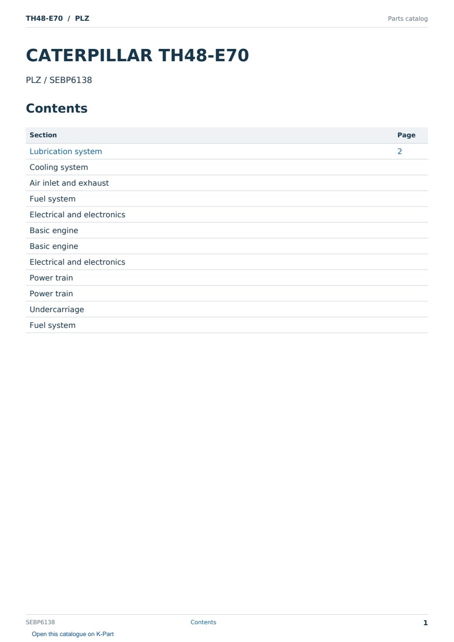 Caterpillar TH48-E70 S/N PLZ Partsbook SEBP6138 (English) - sample page 1 of 10 Caterpillar TH48-E70 S/N PLZ Partsbook SEBP6138 (English) - sample page 1 of 10