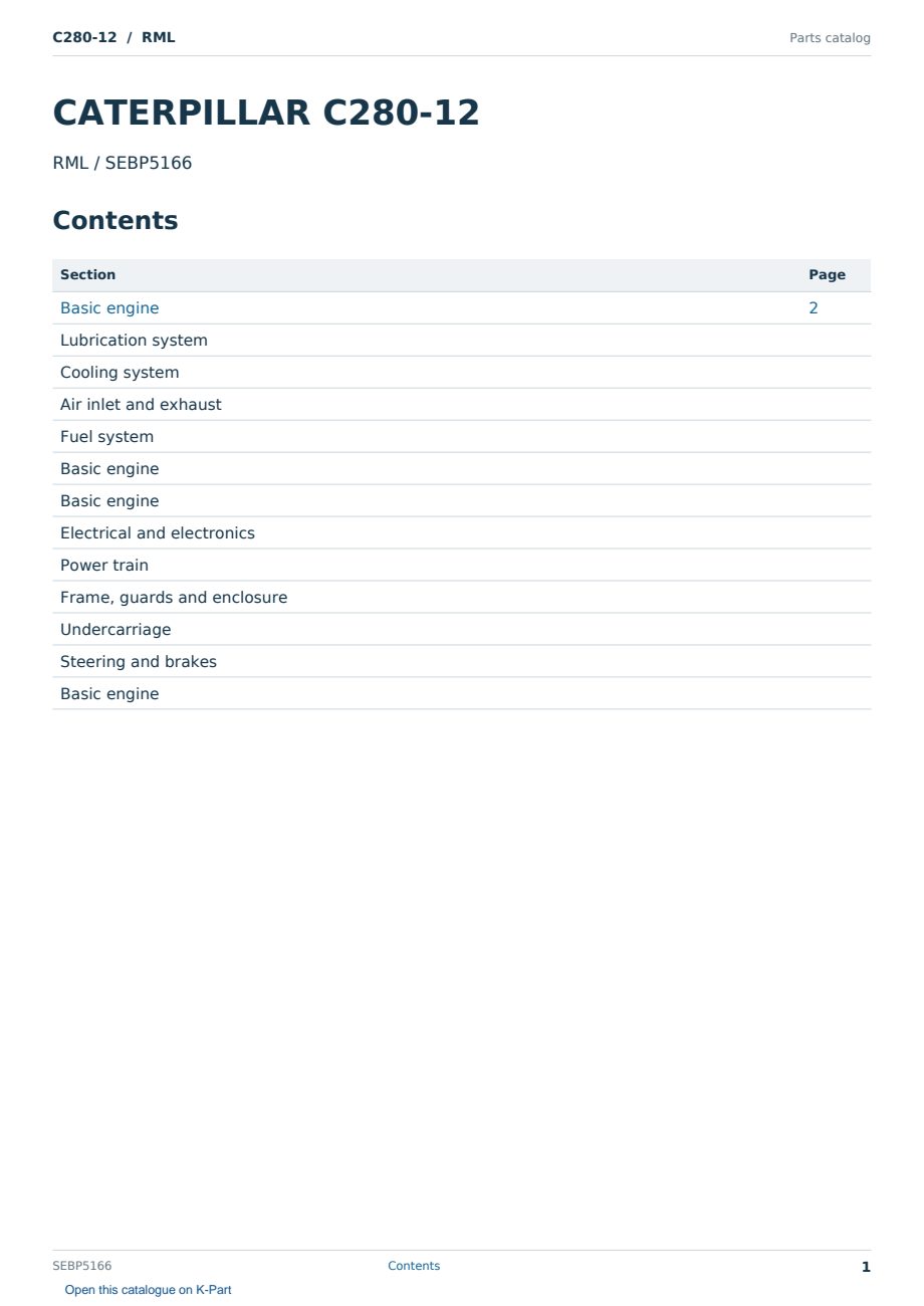 Caterpillar C280-12 S/N RML Partsbook SEBP5166 (English) - sample page 1 of 10 Caterpillar C280-12 S/N RML Partsbook SEBP5166 (English) - sample page 1 of 10