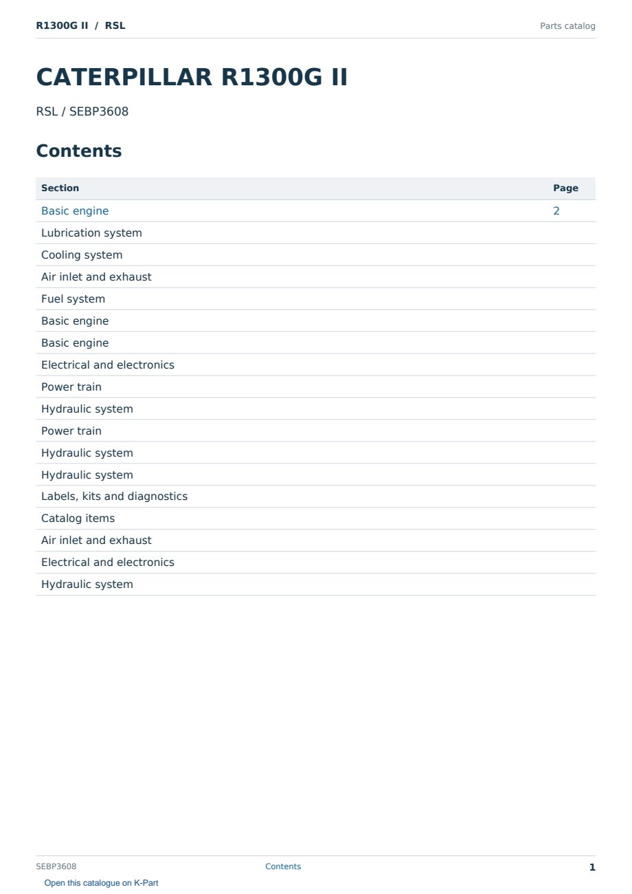 Caterpillar R1300G II S/N RSL Partsbook SEBP3608 (English) - sample page 1 of 10 Caterpillar R1300G II S/N RSL Partsbook SEBP3608 (English) - sample page 1 of 10