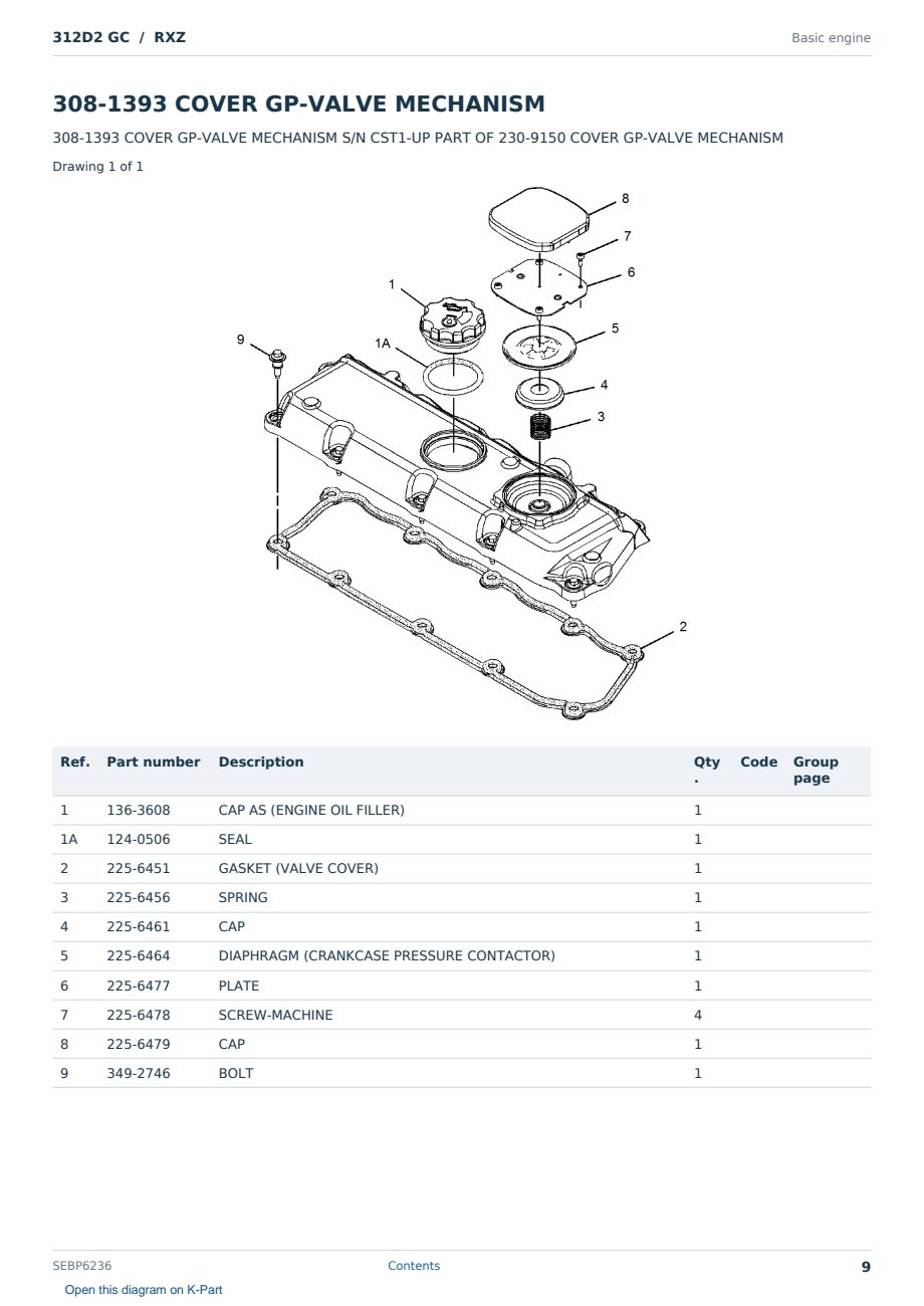 Caterpillar 312D2 GC S/N RXZ Partsbook SEBP6236 (English) - sample page 9 of 10 Caterpillar 312D2 GC S/N RXZ Partsbook SEBP6236 (English) - sample page 9 of 10