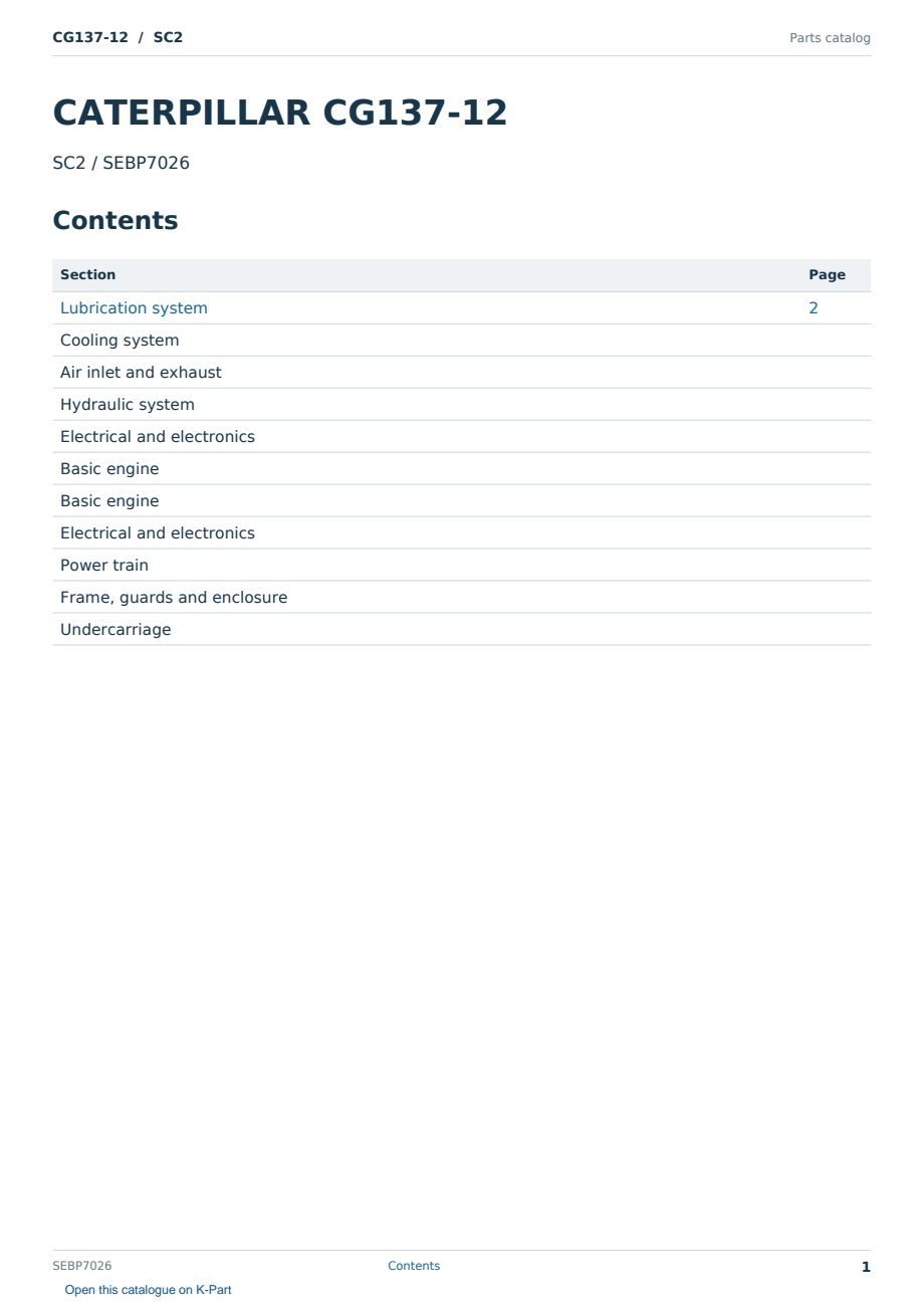Caterpillar CG137-12 S/N SC2 Partsbook SEBP7026 (English) - sample page 1 of 10 Caterpillar CG137-12 S/N SC2 Partsbook SEBP7026 (English) - sample page 1 of 10