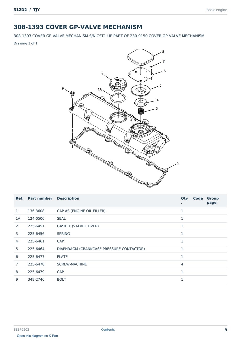 Caterpillar 312D2 S/N TJY Partsbook SEBP6503 (English) - sample page 9 of 10 Caterpillar 312D2 S/N TJY Partsbook SEBP6503 (English) - sample page 9 of 10