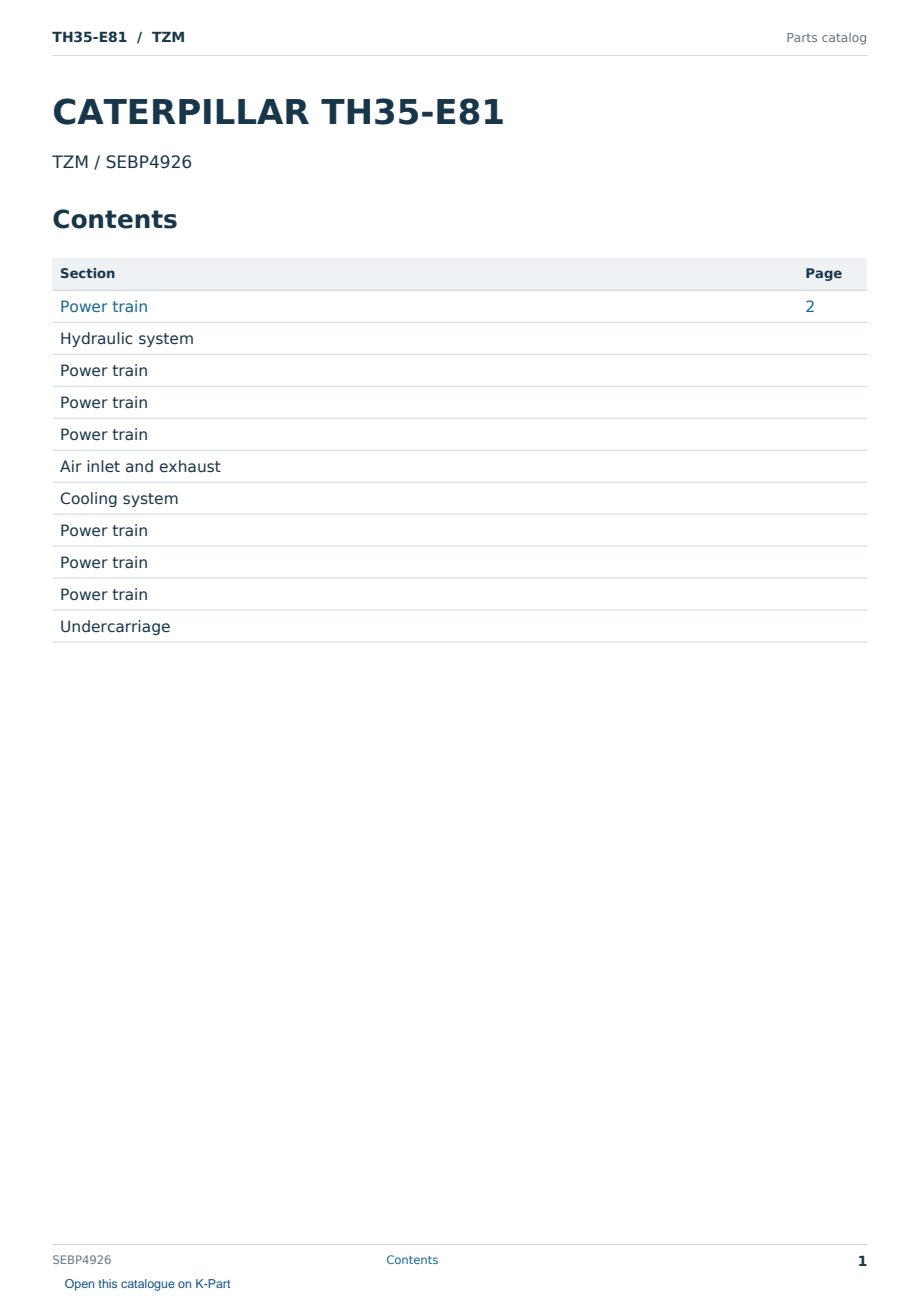 Caterpillar TH35-E81 S/N TZM Partsbook SEBP4926 (English) - sample page 1 of 10 Caterpillar TH35-E81 S/N TZM Partsbook SEBP4926 (English) - sample page 1 of 10