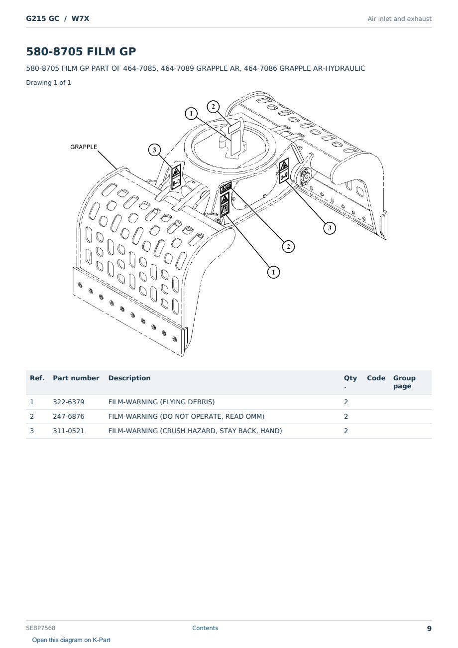 Caterpillar G215 GC S/N W7X Partsbook SEBP7568 (English) - sample page 9 of 10 Caterpillar G215 GC S/N W7X Partsbook SEBP7568 (English) - sample page 9 of 10