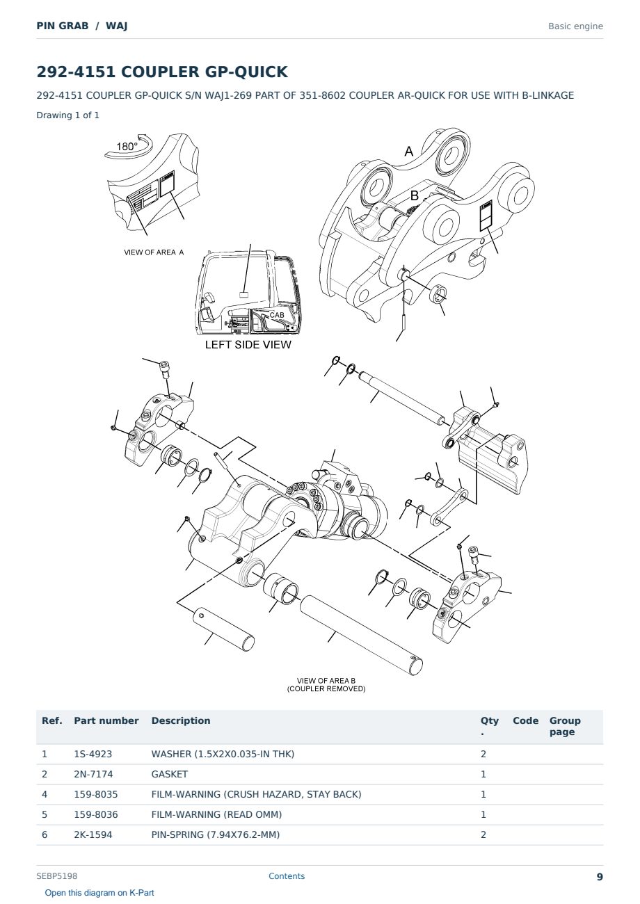 Caterpillar PIN GRAB S/N WAJ Partsbook SEBP5198 (English) - sample page 9 of 10 Caterpillar PIN GRAB S/N WAJ Partsbook SEBP5198 (English) - sample page 9 of 10