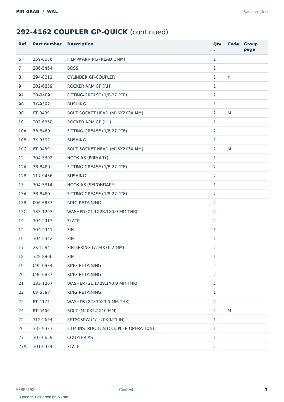 Caterpillar PIN GRAB S/N WAL Partsbook SEBP5198 (English) - sample page 7 of 10 Caterpillar PIN GRAB S/N WAL Partsbook SEBP5198 (English) - sample page 7 of 10