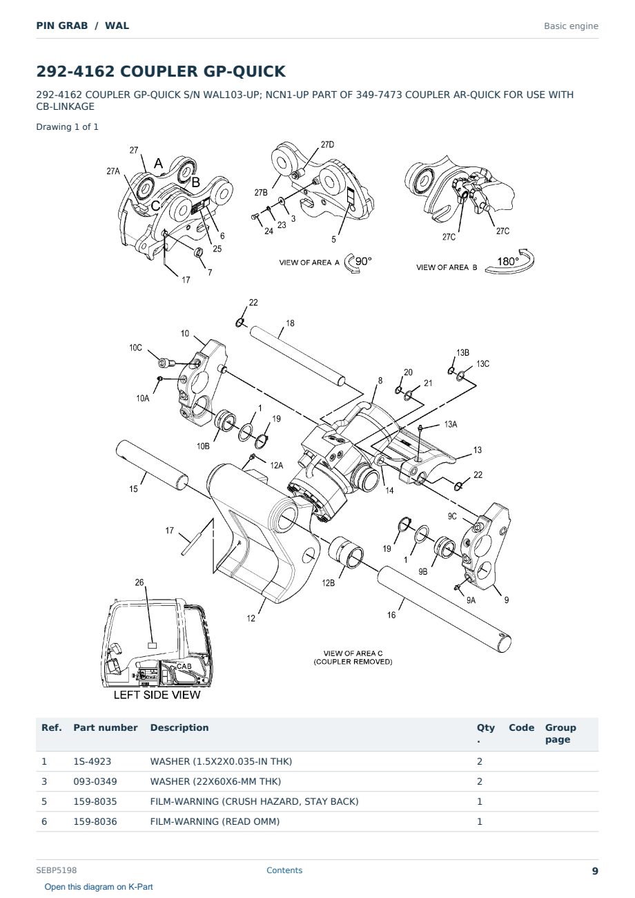 Caterpillar PIN GRAB S/N WAL Partsbook SEBP5198 (English) - sample page 9 of 10 Caterpillar PIN GRAB S/N WAL Partsbook SEBP5198 (English) - sample page 9 of 10