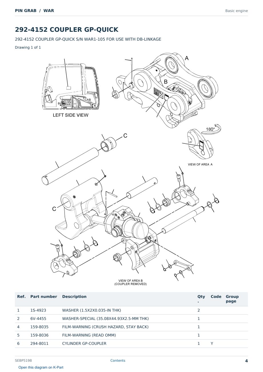 Caterpillar PIN GRAB S/N WAR Partsbook SEBP5198 (English) - sample page 4 of 10 Caterpillar PIN GRAB S/N WAR Partsbook SEBP5198 (English) - sample page 4 of 10