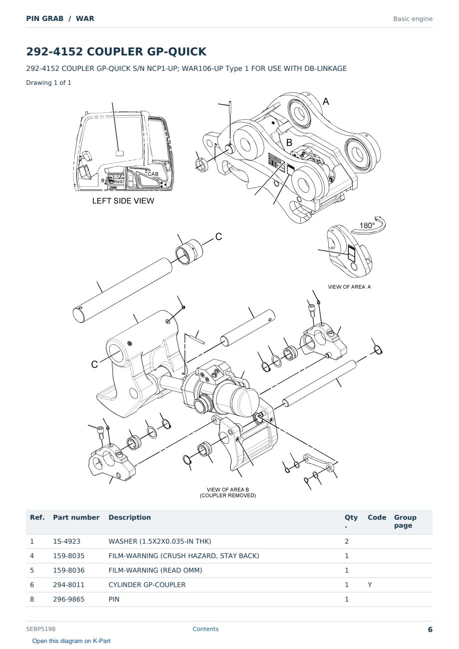 Caterpillar PIN GRAB S/N WAR Partsbook SEBP5198 (English) - sample page 6 of 10 Caterpillar PIN GRAB S/N WAR Partsbook SEBP5198 (English) - sample page 6 of 10