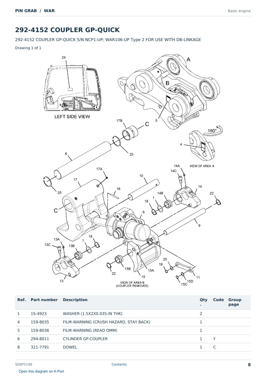 Caterpillar PIN GRAB S/N WAR Partsbook SEBP5198 (English) - sample page 8 of 10 Caterpillar PIN GRAB S/N WAR Partsbook SEBP5198 (English) - sample page 8 of 10
