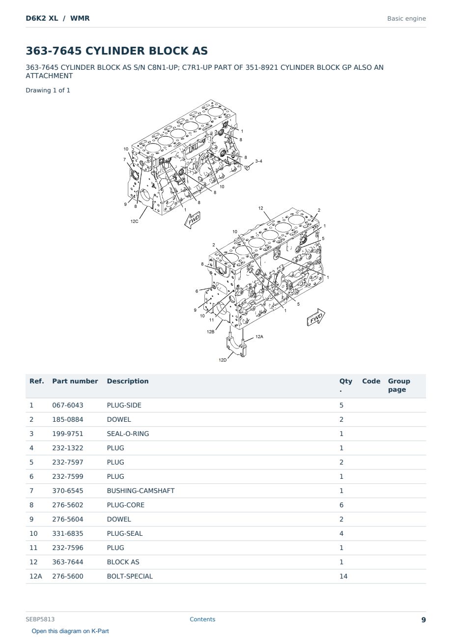 Caterpillar D6K2 XL S/N WMR Partsbook SEBP5813 (English) - sample page 9 of 10 Caterpillar D6K2 XL S/N WMR Partsbook SEBP5813 (English) - sample page 9 of 10