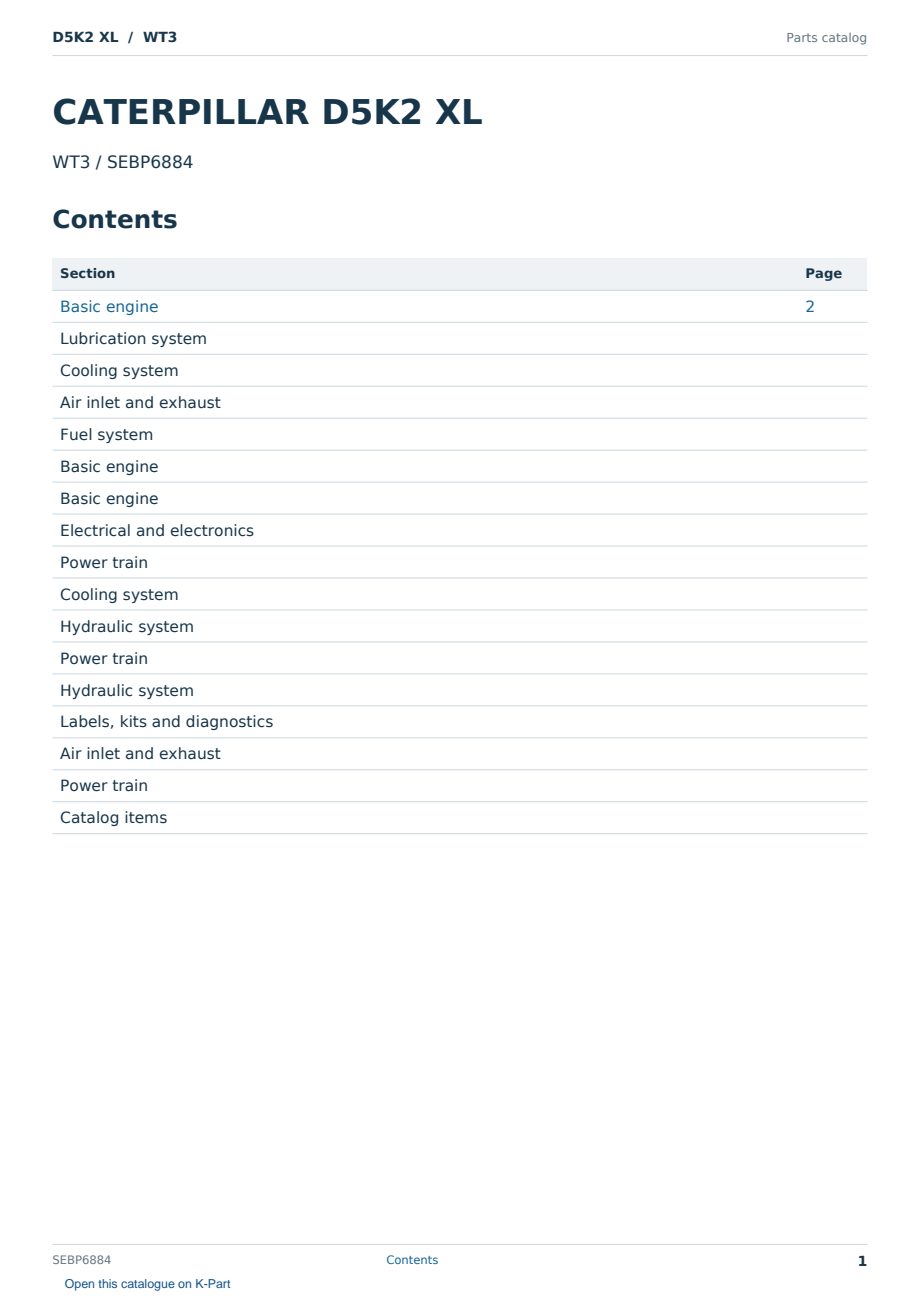 Caterpillar D5K2 XL S/N WT3 Partsbook SEBP6884 (English) - sample page 1 of 10 Caterpillar D5K2 XL S/N WT3 Partsbook SEBP6884 (English) - sample page 1 of 10