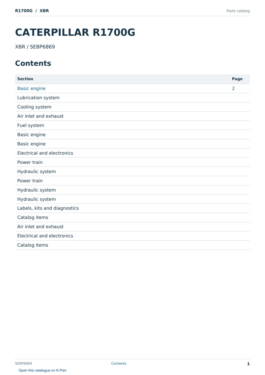 Caterpillar R1700G S/N XBR Partsbook SEBP6869 (English) - sample page 1 of 10 Caterpillar R1700G S/N XBR Partsbook SEBP6869 (English) - sample page 1 of 10