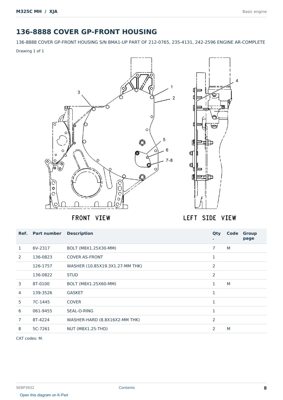 Caterpillar M325C MH S/N XJA Partsbook SEBP3932 (English) - sample page 8 of 10 Caterpillar M325C MH S/N XJA Partsbook SEBP3932 (English) - sample page 8 of 10
