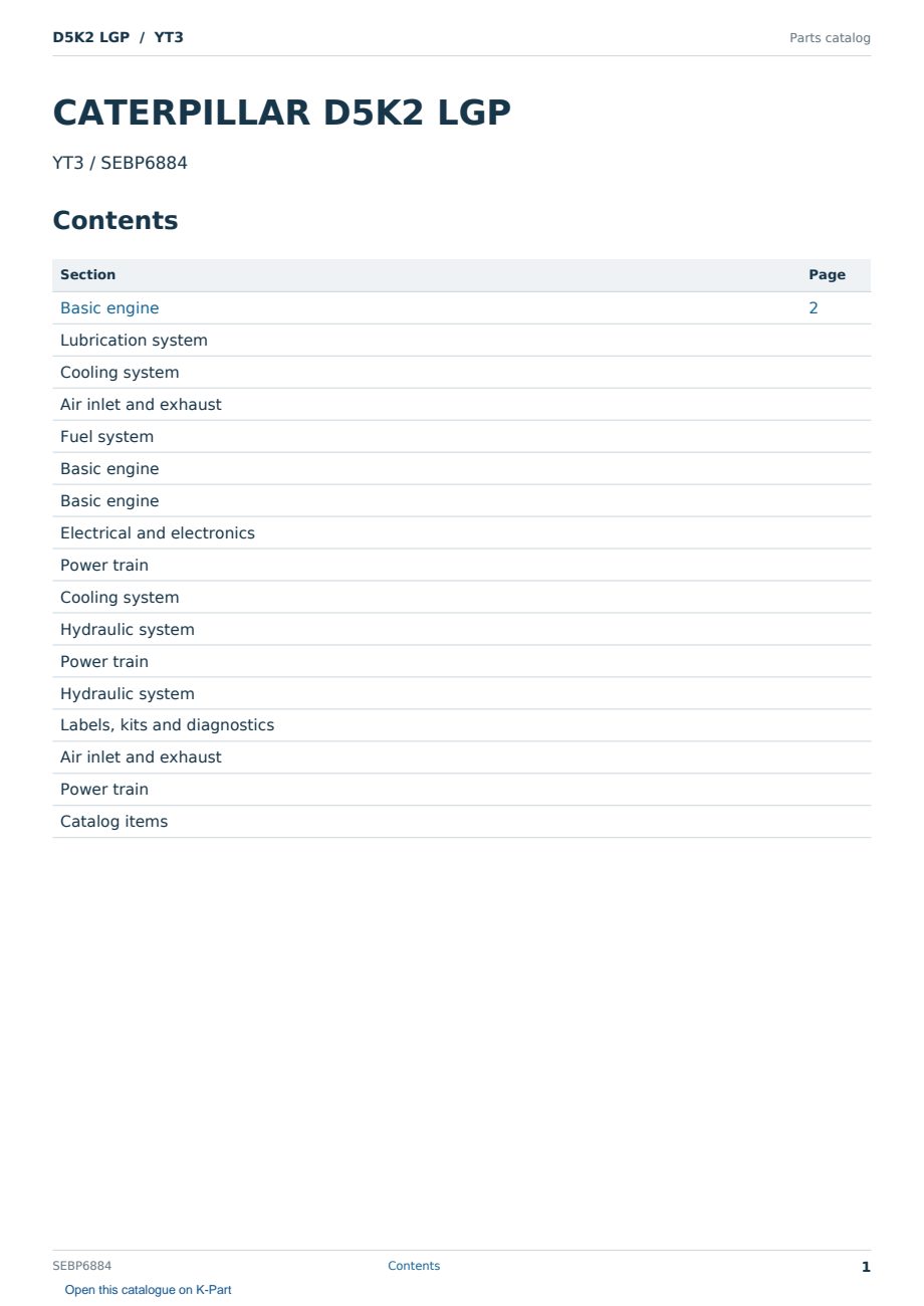 Caterpillar D5K2 LGP S/N YT3 Partsbook SEBP6884 (English) - sample page 1 of 10 Caterpillar D5K2 LGP S/N YT3 Partsbook SEBP6884 (English) - sample page 1 of 10