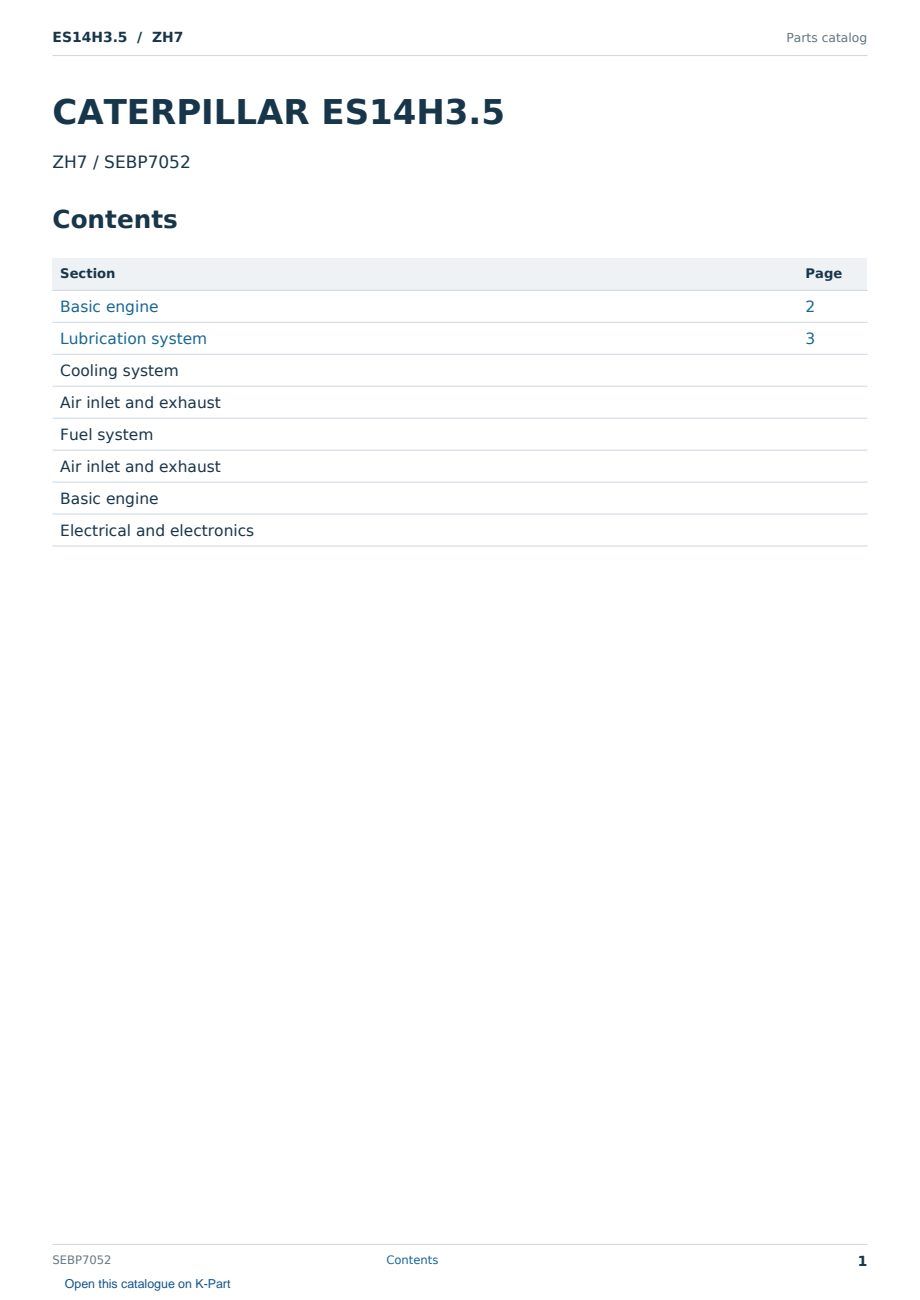 Caterpillar ES14H3.5 S/N ZH7 Partsbook SEBP7052 (English) - sample page 1 of 10 Caterpillar ES14H3.5 S/N ZH7 Partsbook SEBP7052 (English) - sample page 1 of 10
