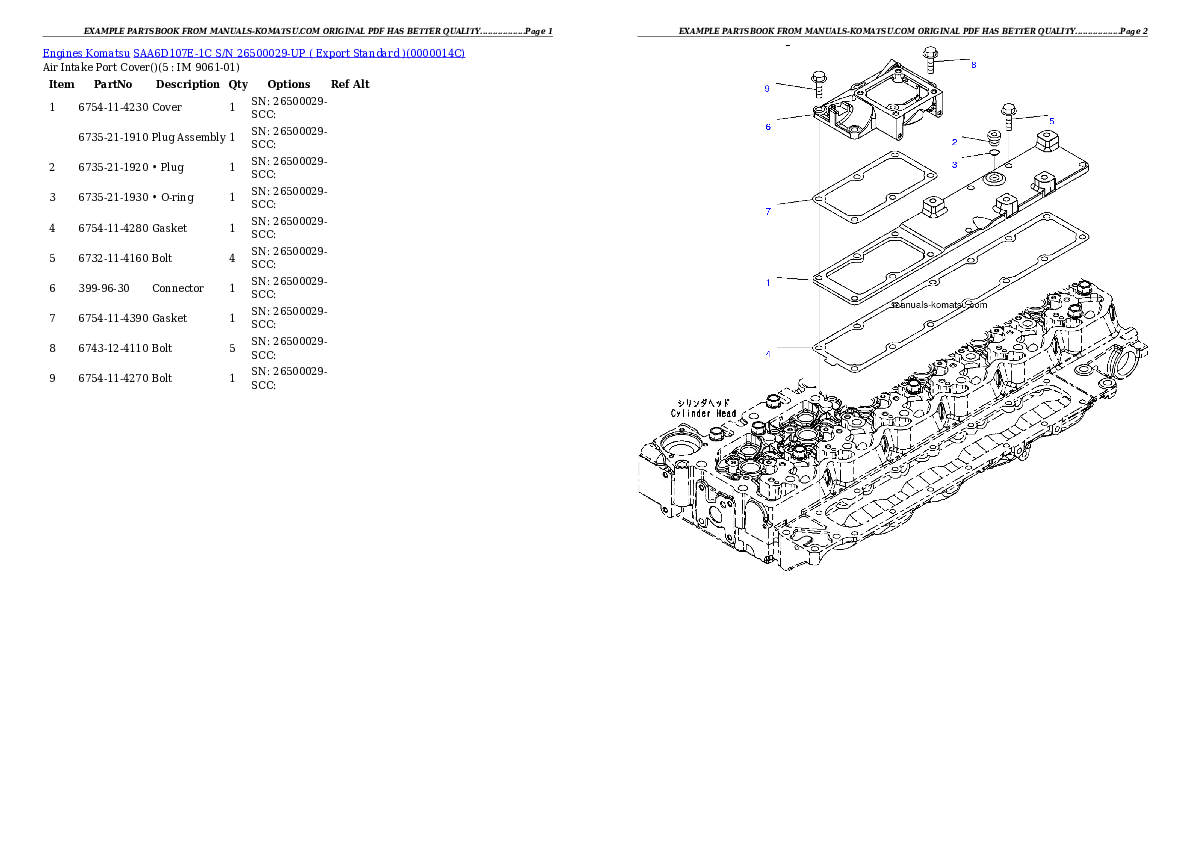 SAA6D107E-1C S/N 26500029-UP ( Export Standard ) Partsbook