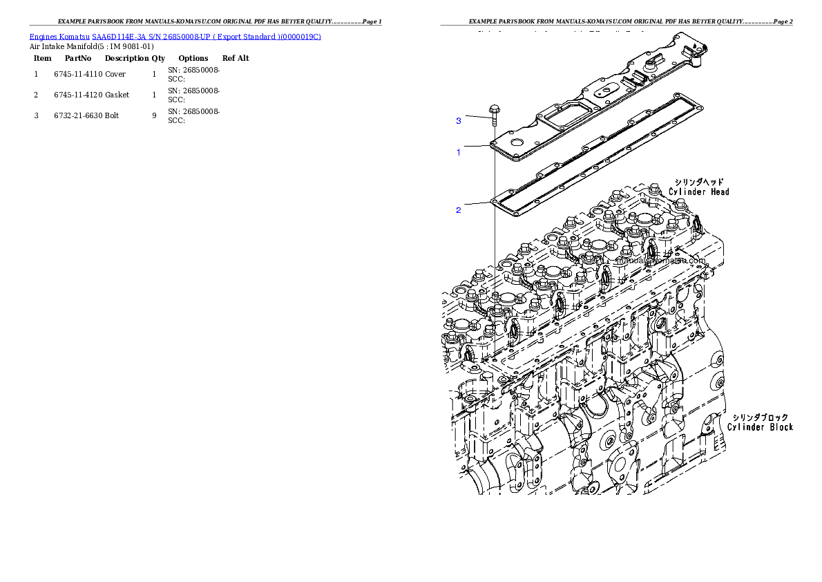 SAA6D114E-3A S/N 26850008-UP ( Export Standard ) Partsbook