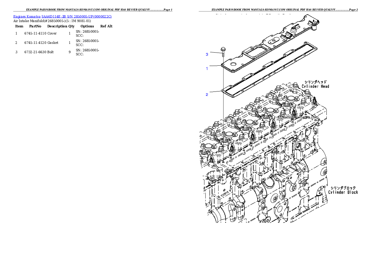 SAA6D114E-3B S/N 2850005-UP Partsbook