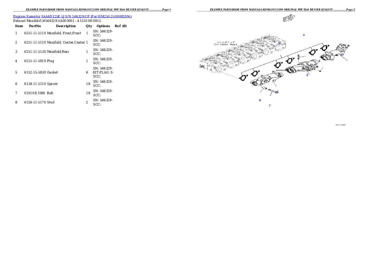 SAA6D125E-5J S/N 566329-UP (For HM250-2) Partsbook