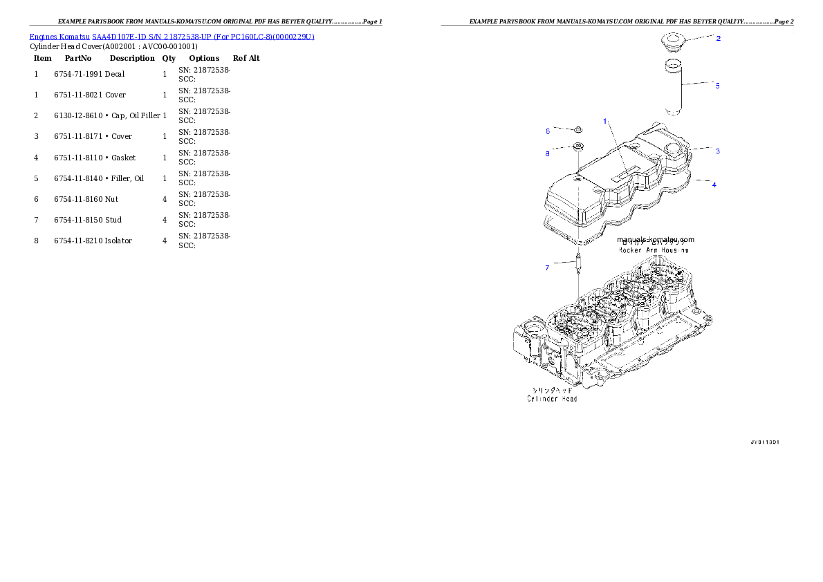 SAA4D107E-1D S/N 21872538-UP (For PC160LC-8) Partsbook