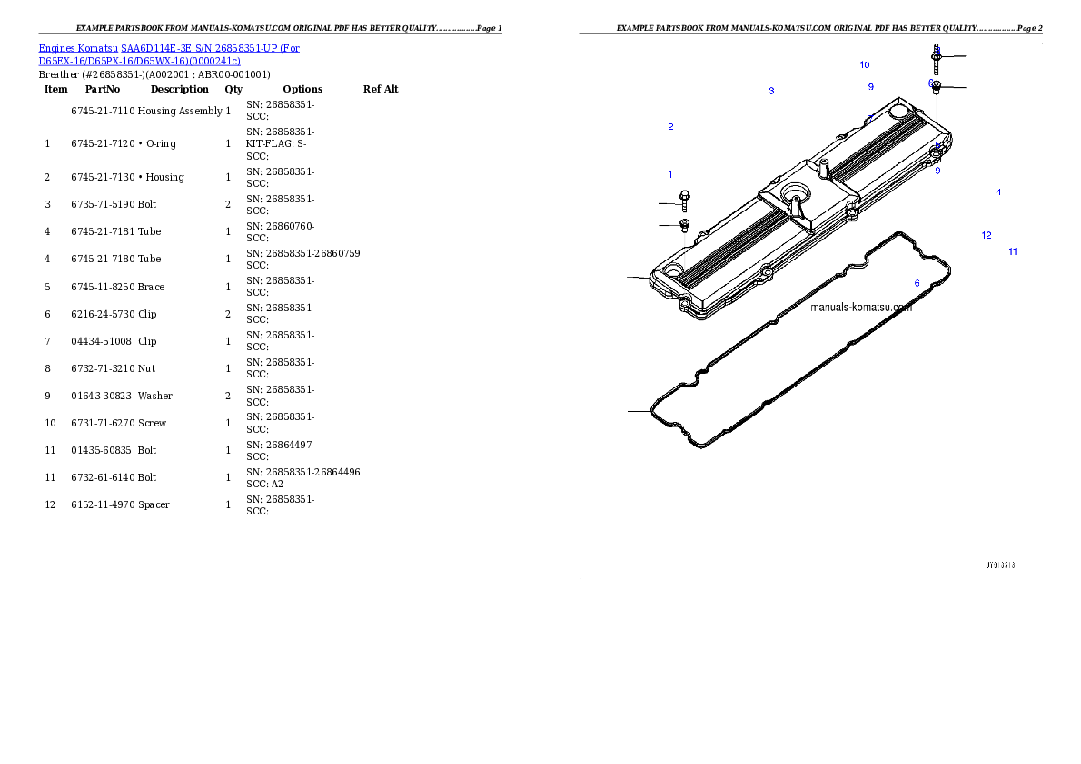 SAA6D114E-3E S/N 26858351-UP (For D65EX-16/D65PX-16/D65WX-16/D85ESS-3) Partsbook