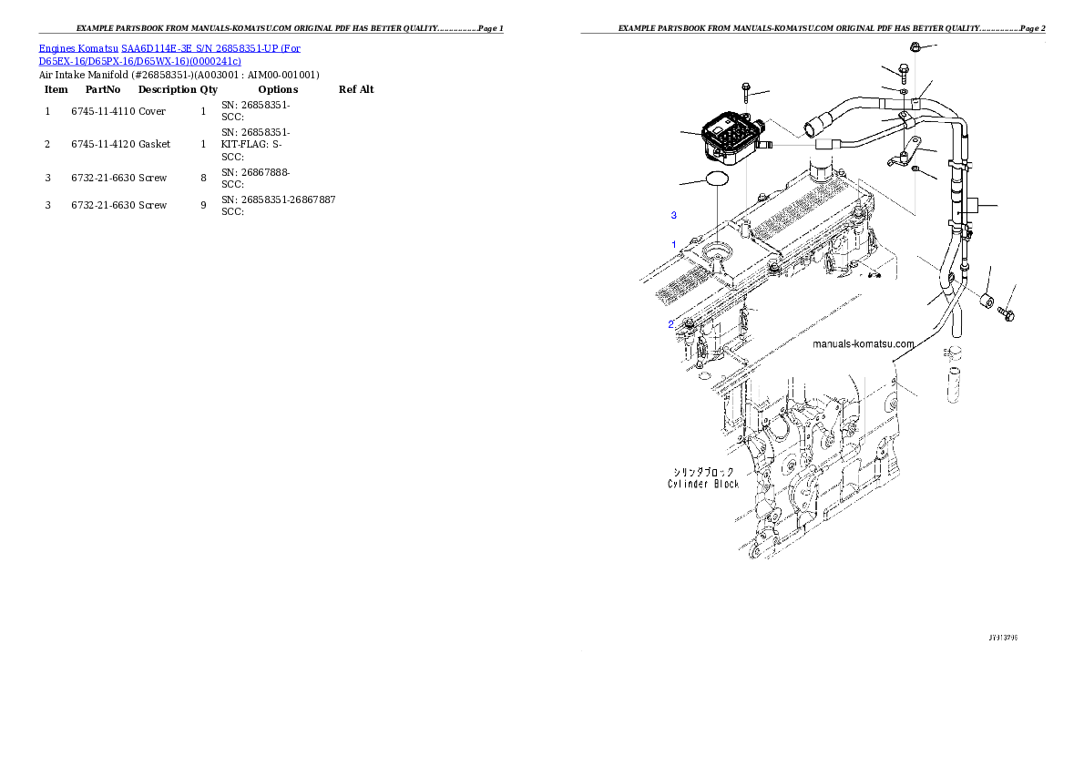 SAA6D114E-3E S/N 26858351-UP (For D65EX-16/D65PX-16/D65WX-16) Partsbook