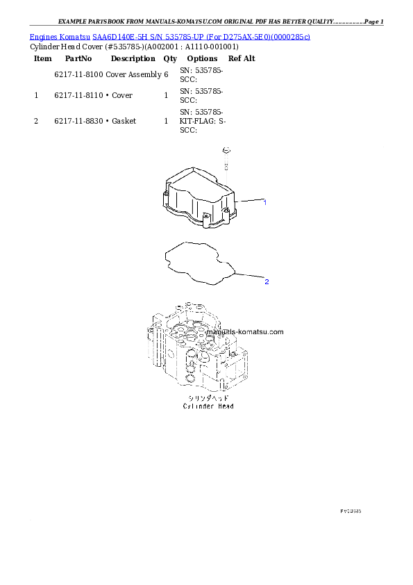 SAA6D140E-5H S/N 535785-UP (For D275AX-5E0) Partsbook