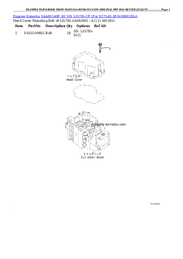 SAA6D140E-5H S/N 535785-UP (For D275AX-5E0) Partsbook