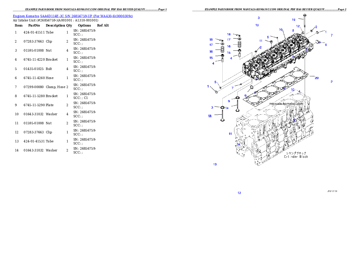 SAA6D114E-3C S/N 26856759-UP (For WA430-6) Partsbook