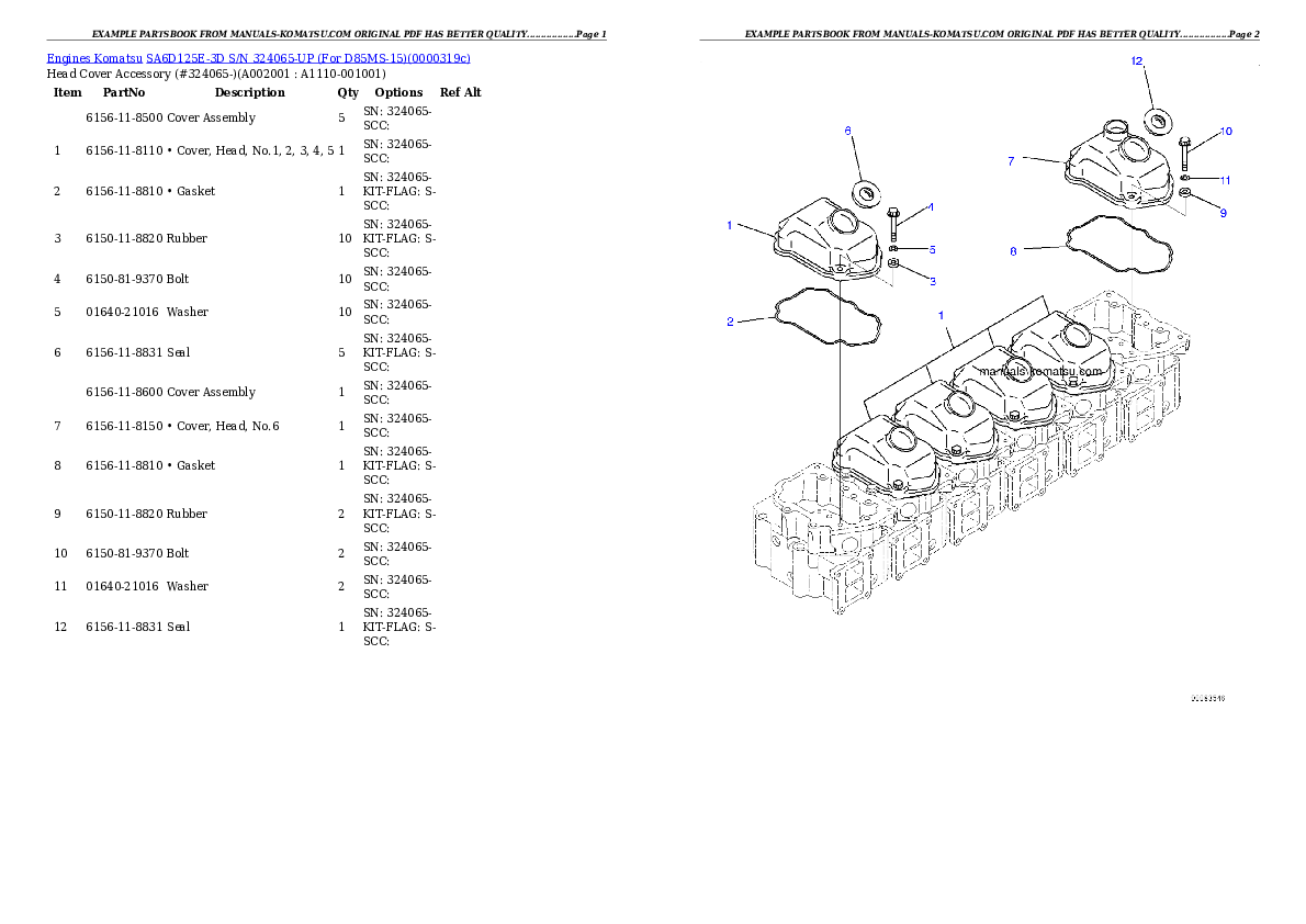 SA6D125E-3D S/N 324065-UP (For D85MS-15) Partsbook