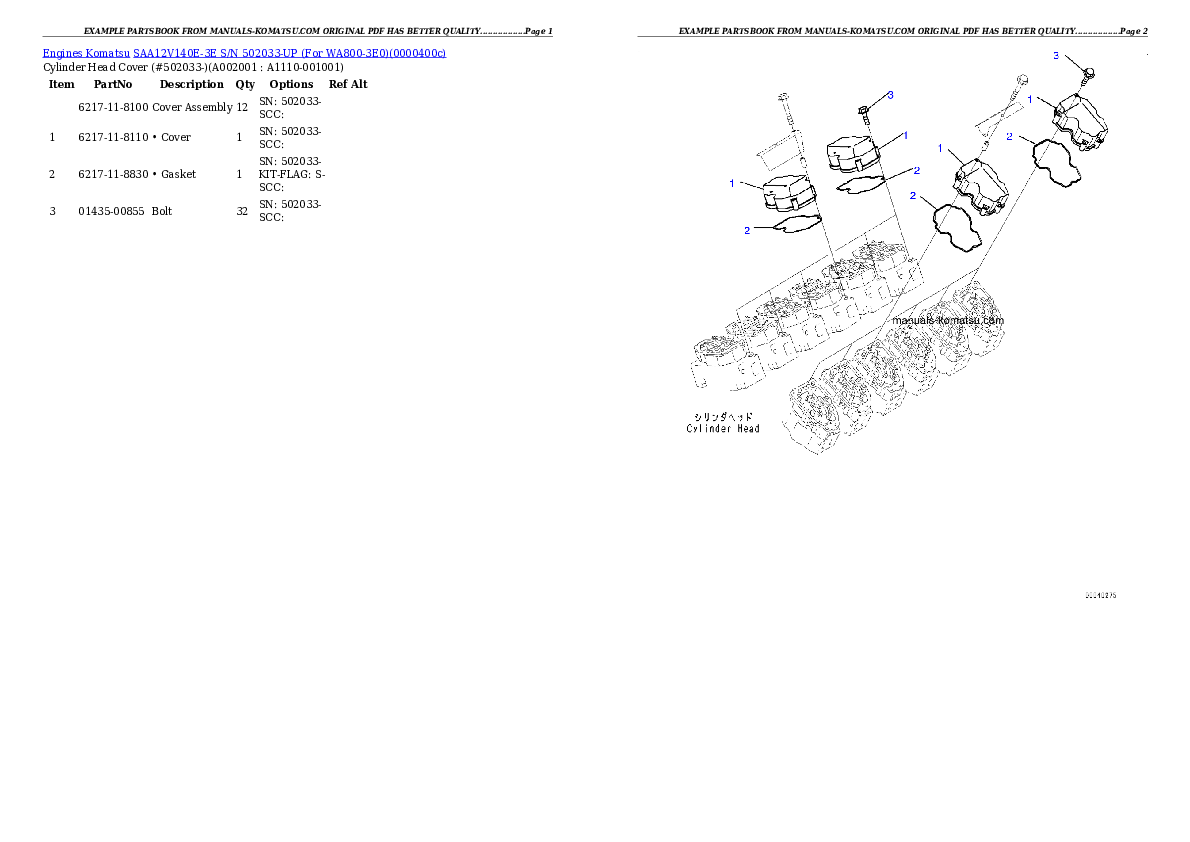 SAA12V140E-3E S/N 502033-UP (For WA800-3E0) Partsbook