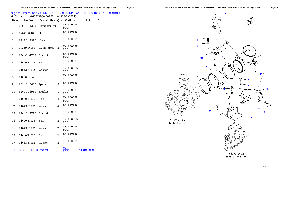 SAA6D140E-5DR S/N 630332-UP (For HD325-7R/HD405-7R) Partsbook