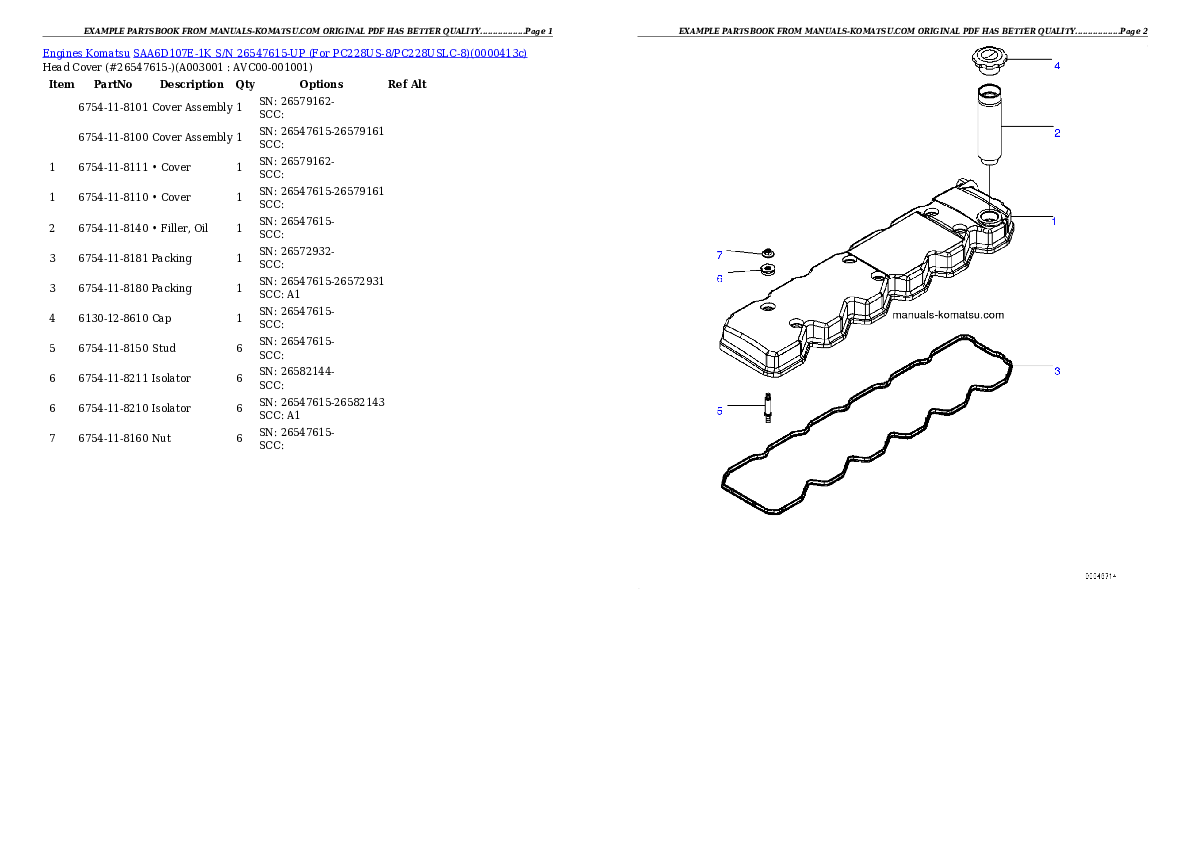 SAA6D107E-1K S/N 26547615-UP (For PC228US-8/PC228USLC-8) Partsbook