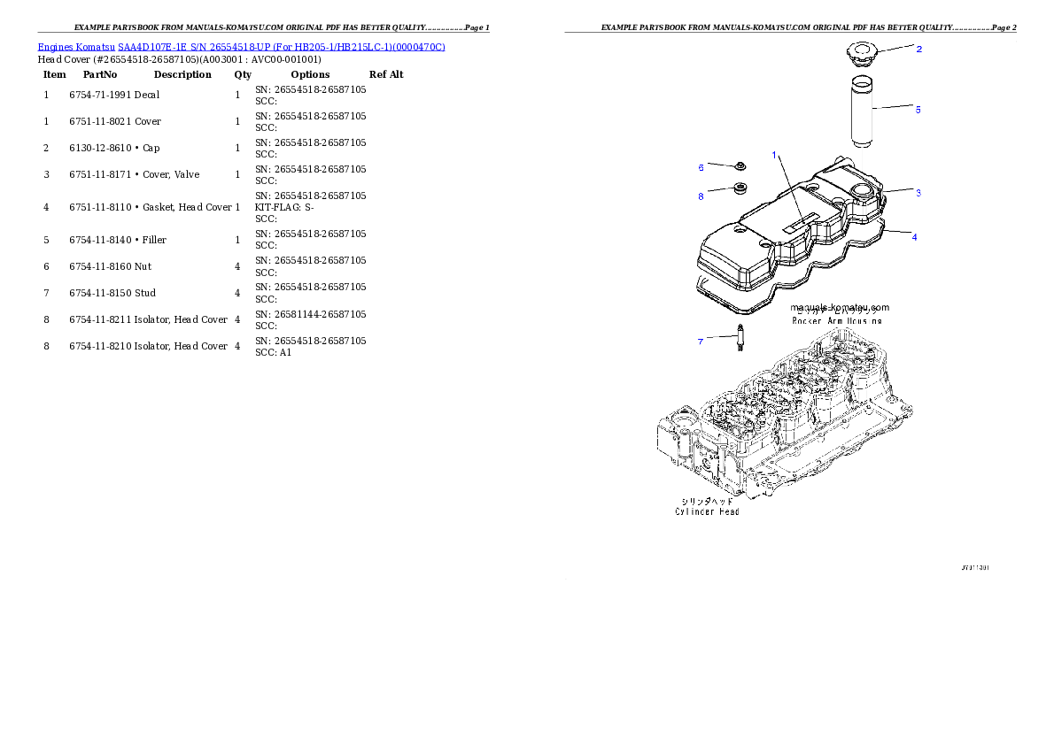 SAA4D107E-1E S/N 26554518-UP (For HB205-1/HB215LC-1) Partsbook