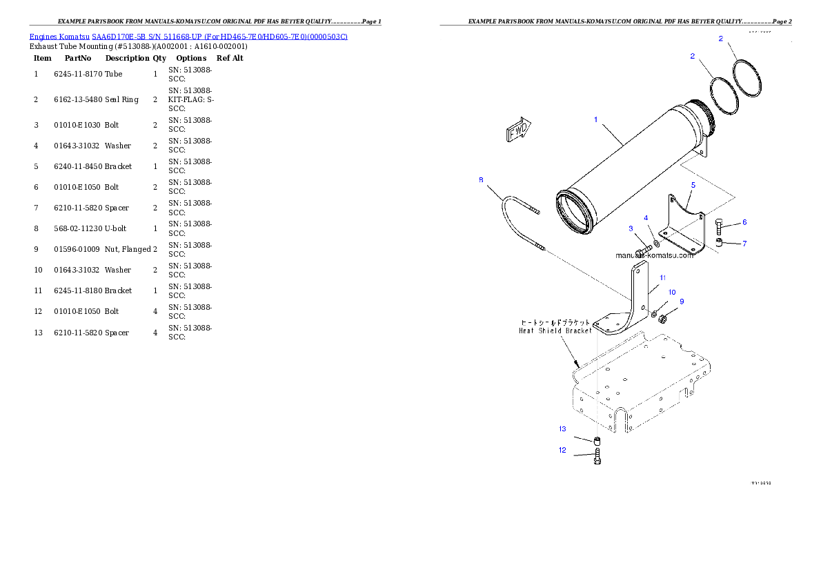 SAA6D170E-5B S/N 511668-UP (For HD465-7E0/HD605-7E0) Partsbook