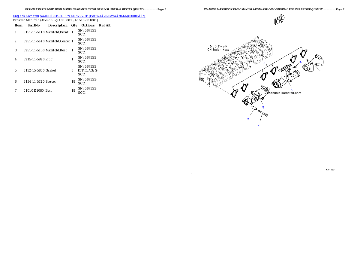 SAA6D125E-5D S/N 567555-UP (For WA470-6/WA470-6A) Partsbook