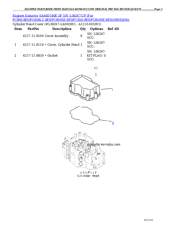 SAA6D140E-5F S/N 536267-UP (For PC800-8E0/PC800LC-8E0/PC800SE-8E0/PC850-8E0/PC850SE-8E0) Partsbook