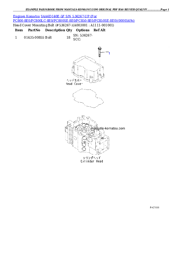 SAA6D140E-5F S/N 536267-UP (For PC800-8E0/PC800LC-8E0/PC800SE-8E0/PC850-8E0/PC850SE-8E0) Partsbook