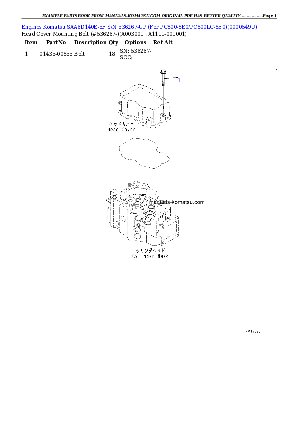 SAA6D140E-5F S/N 536267-UP (For PC800-8E0/PC800LC-8E0) Partsbook